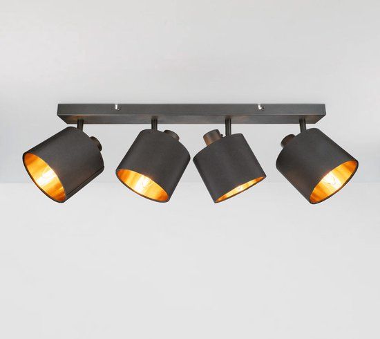 HOFTRONIC Jimmy LED Plafondspot - Stoffen kap - 4 spots - Kantelbaar - Draaibaar - Mat Zwart en Goud - E14 fitting - IP20