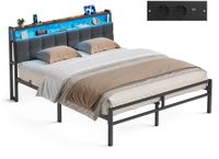 VASAGLE Metalen Bed 160 x 200 cm – Bedframe met Hoofdeinde, Opbergruimte en LED-Verlichting – Matzwart, Vintagebruin