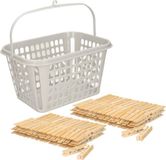 Plastic Forte Wasknijpersmandje met ophanghaak - lichtgrijs - met 120x bamboo wasknijpers 7 cm