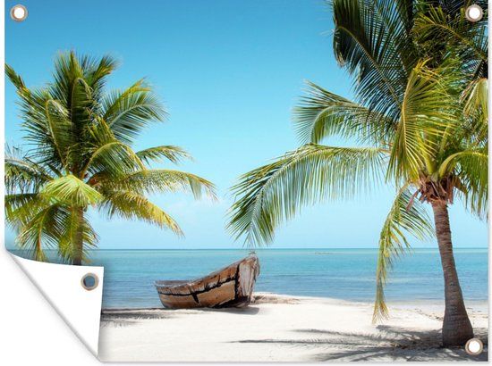GreatGardenPosters Tuin decoratie Palmboom - Boot - Strand - 40x30 cm - Tuindoek - Buitenposter