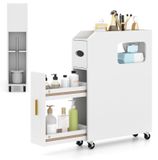 Armoire de salle de bain étroite avec tiroir, roulettes, porte-rouleau de papier toilette, blanc