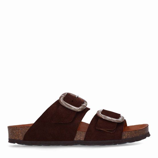 Manfield - Dames - Bruine suède slippers met gesp - Maat 40