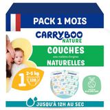 Carryboo - Luiers maat 1 (2-5kg) - Gevoelige huid - Natuurlijk en Ultra Absorberend - 12 uur Lekvrij - Zonder ongewenste ingrediënten - Gemaakt in Frankrijk - 120 wegwerpluiers - 1 maand verpakking