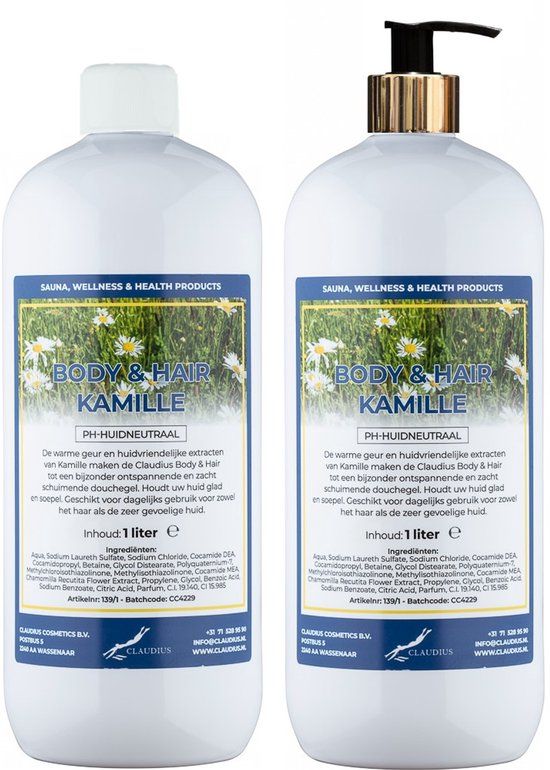 Claudius Cosmetics B.V. Body & Hair Kamille 1 liter met gouden pomp - set van 2 stuks