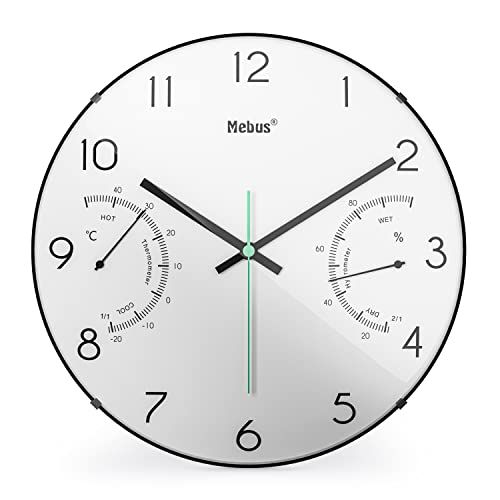 Mebus Kwarts wandklok met thermometer en hygrometer - Wit - 30 cm