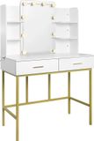 Roxana® Kaptafel Avec Miroir Et Éclairage - Coiffeuse - Or Et Blanc - Table De Maquillage - Bois - 2 Tiroirs - Chambre - 90x45x136 Cm