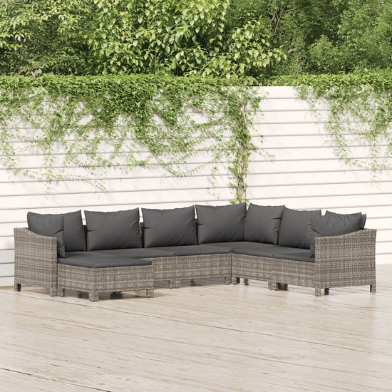 The Living Store Loungeset - PE-rattan en gepoedercoat staal - Grijs - Bank met armleuning links/rechts - Hoekbank - Middenbank - Voetenbankje - Comfortabele kussens