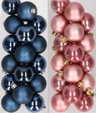 Decoris Kerstversiering 32x stuks kunststof kerstballen mix van donkerblauw en oudroze 4 cm