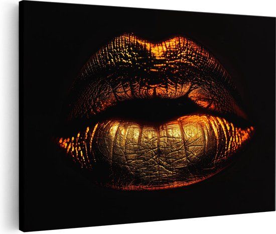 Artaza Canvas Schilderij De Lippen van de Vrouw zijn Goudkleurig Verlicht - 90x60 - Canvas Print