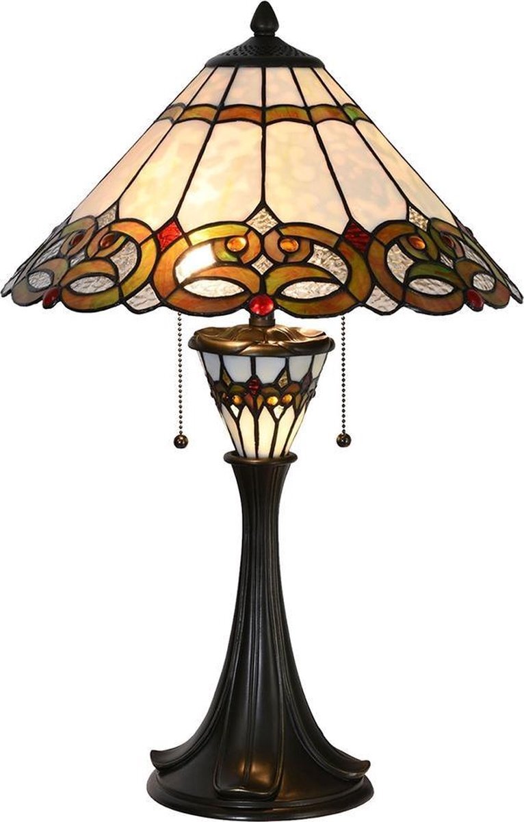 Clayre & Eef LumiLamp Tiffany Tafellamp Ø 40*61 cm E27/max 2*40W Beige, Rood Glas in lood Driehoek Tiffany Bureaulamp Tiffany Lampen