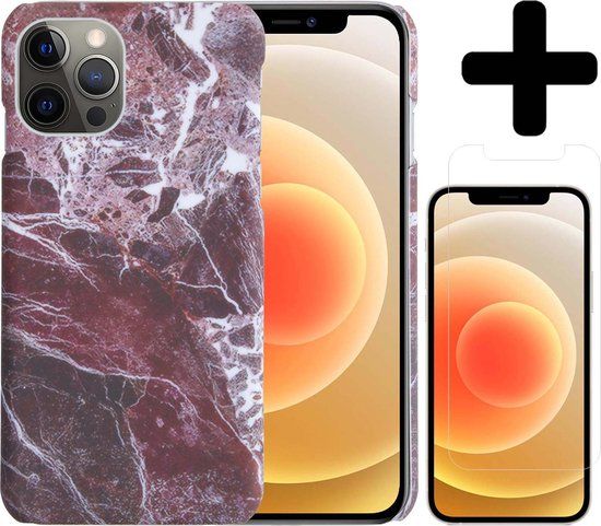 iPhone 12 Pro Max Case - Marble Design - Red - with Screen Protector