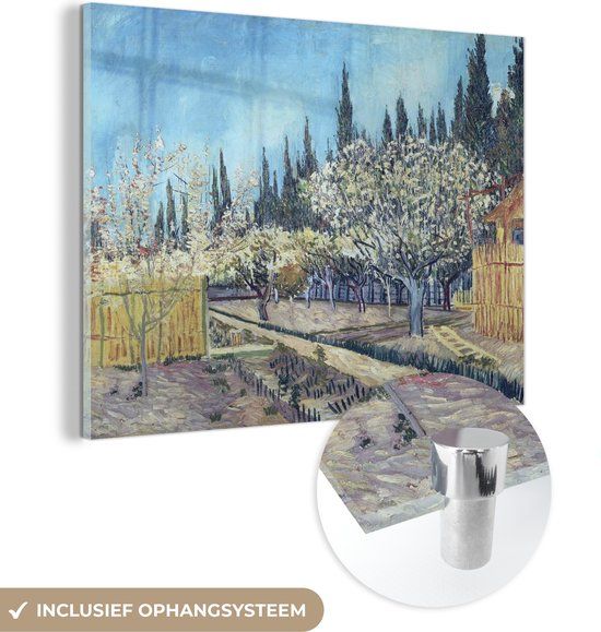 MuchoWow® Glass Painting 160x120 cm - Acrylic Glass Painting - Orchard with Cypresses - Vincent van Gogh - Photo on Glass - Paintings