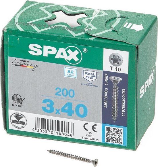 SPAX RVS Schroef - 3 x 40mm - 200 stuks - Verzonken Kop - T-STAR plus T10 - 1197000300403