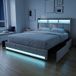 Lit adulte 140x190 cm avec 4 tiroirs et LED RVB, lit double, tête de lit avec rangement et ports USB, lin, moderne, beige