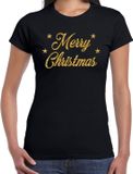 Bellatio Decorations Foute Kersttrui t-shirt - Merry Christmas - goud / glitter - zwart - dames - kerstkleding / kerst outfit M