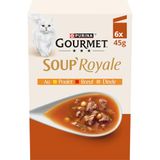 GOURMET Koninklijke soep | Prachtige vleessoep | Vochtig aanvullend voer voor volwassen katten | Gemaakt met hoogwaardige ingrediënten | Kip, Kalkoen, Rundvlees | Verse zakjes | 6 x 45 g
