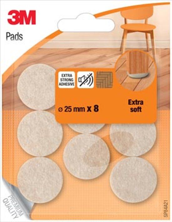 3M beschermende vloerpads, uit vilt, diameter 25 mm, blister van 8 stuks