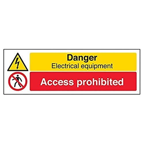 V Safety VSafety Signs 67126AX-R "gevaar elektrische apparatuur/toegang verboden" waarschuwing bouwbord, 1 mm stijf plastic, landschap, 300 mm x 100 mm, zwart/rood/geel