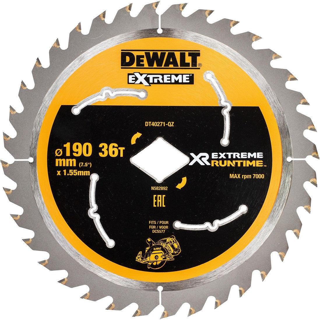 DeWALT Cirkelzaagblad voor Hout | Extreme Runtime | Ø 190mm Asgat Ruit 36T - DT40271-QZ