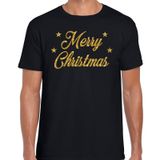 Bellatio Decorations Foute Kersttrui t-shirt - Merry Christmas - zwart - met gouden glitter letters - heren - kerstkleding / kerst outfit XXL