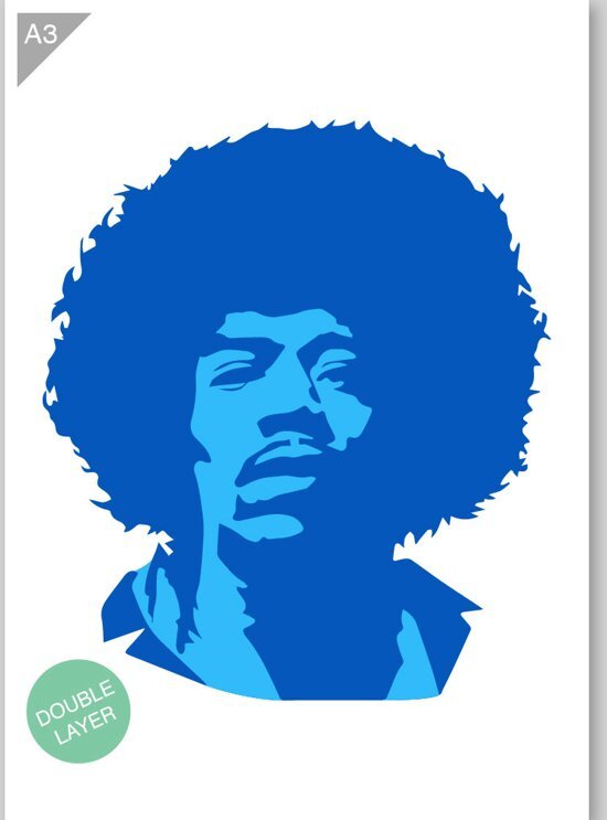 QBIX Jimi Hendrix sjabloon - 2 lagen kunststof A3 stencil - Kindvriendelijk sjabloon geschikt voor graffiti, airbrush, schilderen, muren, meubilair, taarten en andere doeleinden