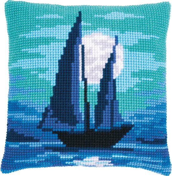 Vervaco Kruissteekkussen kit - Zeilboot in blauw maanlicht - 40 x 40 cm