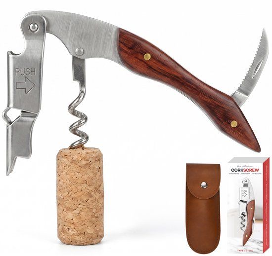 AoraKitchen Kurkentrekker - Wijnopener - Flesopener - 3 in 1 set - Kurkentrekker Wijn - RVS Kelnersmes - Bieropener