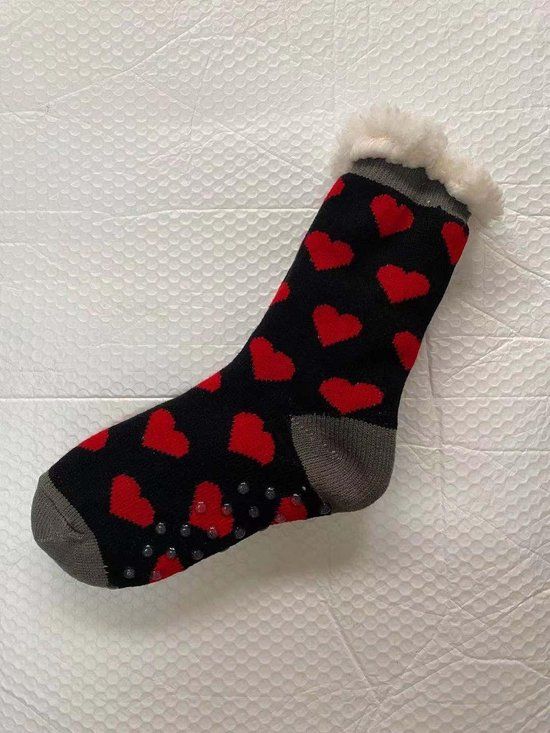 Merkloos Winter sokken met fleece voering en anti-slip - Unisex - One size - Zwart/Rood/Grijs