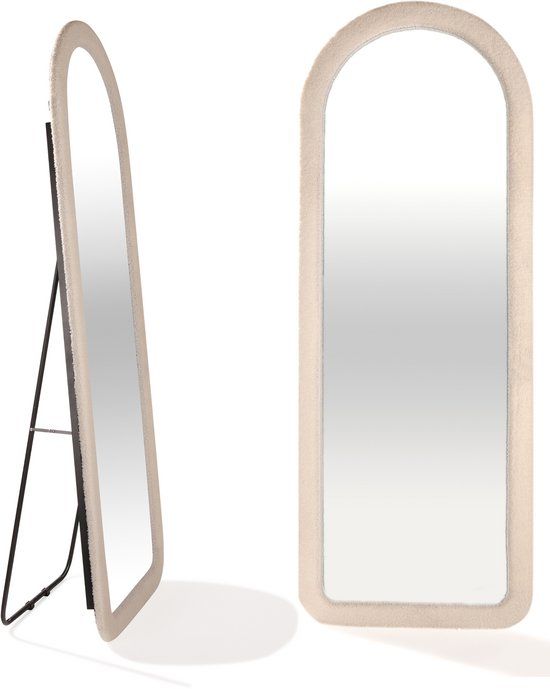 SensaHome Gestoffeerde Staande Spiegel Oval - Passpiegel Suede Velvet - 60x160 - Teddy White