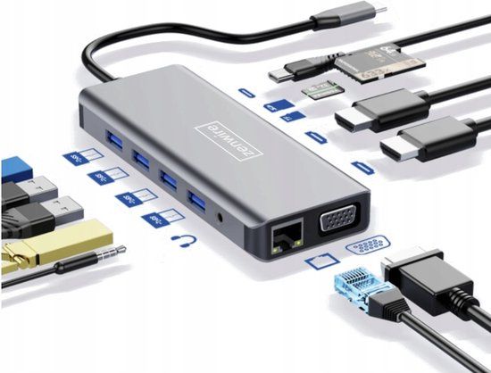 Zenwire 12-in-1 USB-C Hub met 2x HDMI 4K, VGA, RJ-45 Gigabit Ethernet, 2x USB 3.0, 2x USB 2.0, SD/Micro SD Kaartlezer, Mini Jack, Thunderbolt 3.0