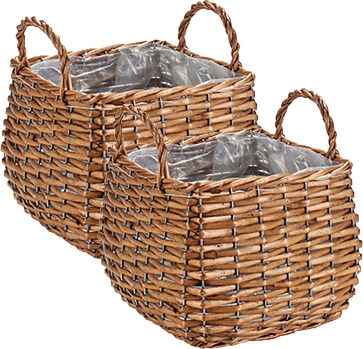 Ibergarden Set van 2 plantenbak manden gevlochten riet met binnenmand 23 x 23 x 15 cm - Bruin