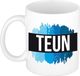 Bellatio Decorations Teun naam cadeau koffie mok - beker - met blauw verfstrepen - Cadeau collega - vaderdag - verjaardag - meester - coach - 300 ml - wit
