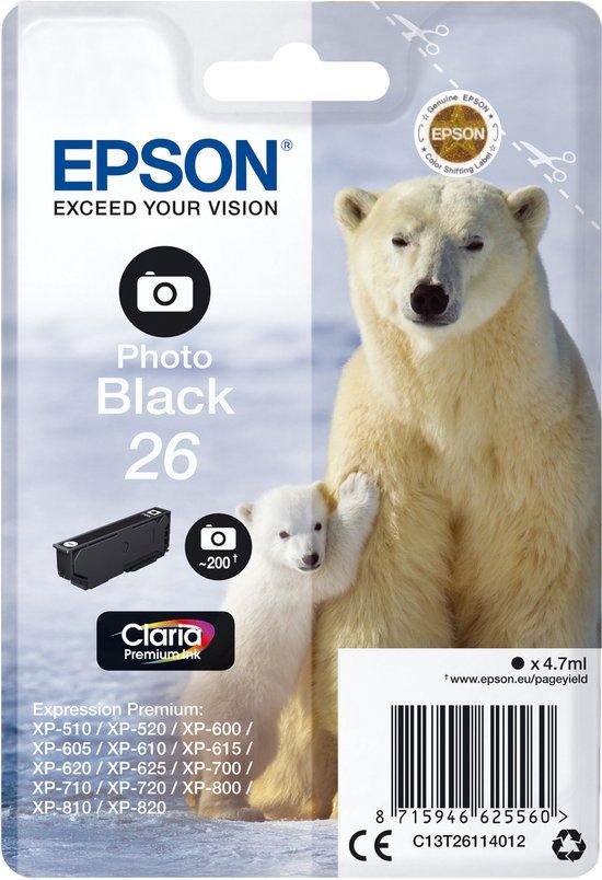 Epson Polar bear Singlepack Photo Black 26 Claria Premium Ink single pack / foto zwart