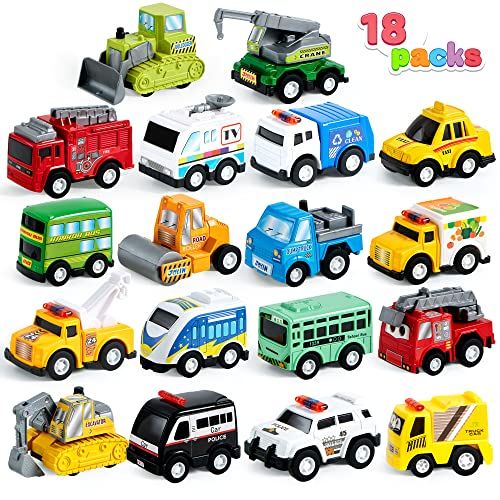 JOYIN 18 stuks terugtrekken stadsauto's en vrachtwagens speelgoedvoertuigset, modelauto, wrijvingsaangedreven gegoten auto's voor het leerspel van peuters, jongens en meisjes