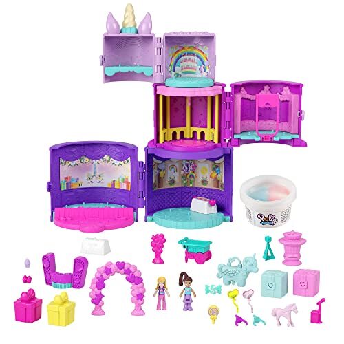 Polly Pocket Draai en Verras Verjaardag, met thema Eenhoorn, 3 verdiepingen, 25 accessoires (inclusief 2 micropoppen), geweldig cadeau voor kinderen vanaf 4 jaar HHJ11