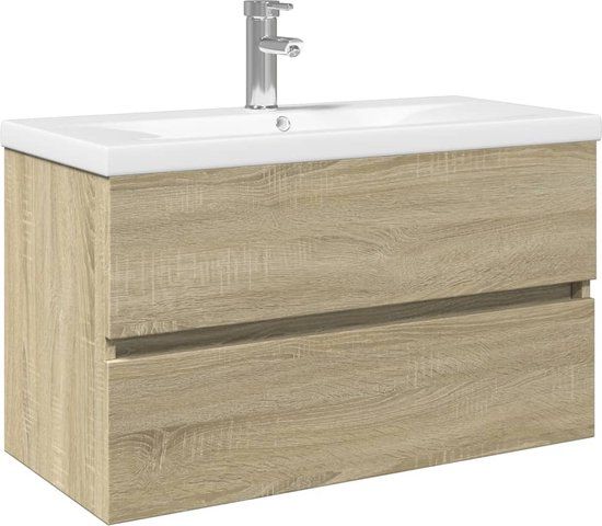 vidaXL 2-delige Badkamermeubelset keramiek en bewerkt hout