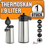 Merkloos Thermosfles - met pomp - 1,9 liter - RVS - isoleerkan - koffiekan - theekan - voor warme / koude dranken