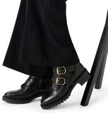 Manfield - Dames - Zwarte leren biker boots met gesp - Maat 37