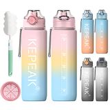 KEPEAK Drinkfles, 1 liter, lekvrij, met rietje of zeef, BPA-vrij, waterfles voor universiteit, kleuterschool, sport, fitness, fiets, outdoor, licht, onbreekbaar, duurzaam
