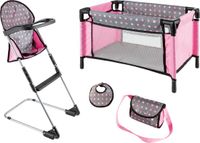 Luxe Bayer Poppenbed, Poppenstoel, Slabbertje en Draagtas - Speelset - Roze/Grijs