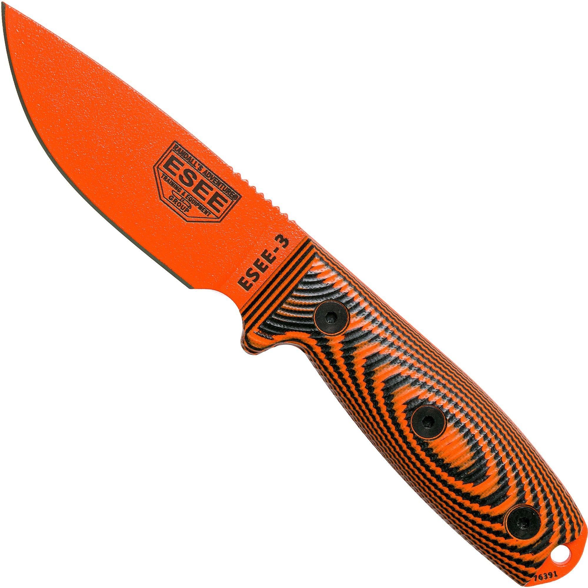 ESEE Model 3 Orange Blade 3D Orange-Black G10 survivalmes 3PMOR-006 - Zwarte schede + riemclip