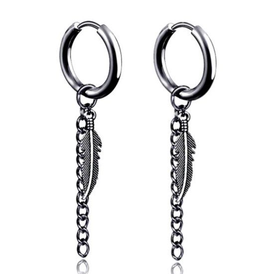 LGT JWLS Lookinggoodtoday Stalen heren oorbellen zwart met ketting en blad