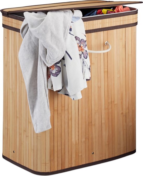 Relaxdays wasmand met deksel - 2 vakken - bamboe wasbox - 72 liter - mand voor wasgoed natuur