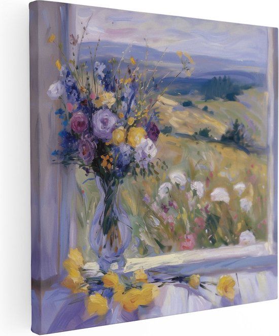 Artaza Canvas Schilderij Kunstwerk van Bloemen op een Vensterbank - 90x90 cm - Canvas Print