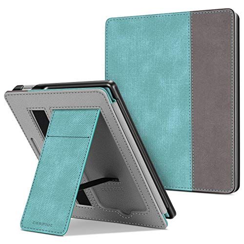 CASEBOT CASEBOT-hoes compatibel met Kindle Oasis 10. generatie (2019 model) en 9e generatie (2017 model) - Kickstand beschermhoes met kaartenvak, polsriem en auto wake / sleep, jeanslook turquoise