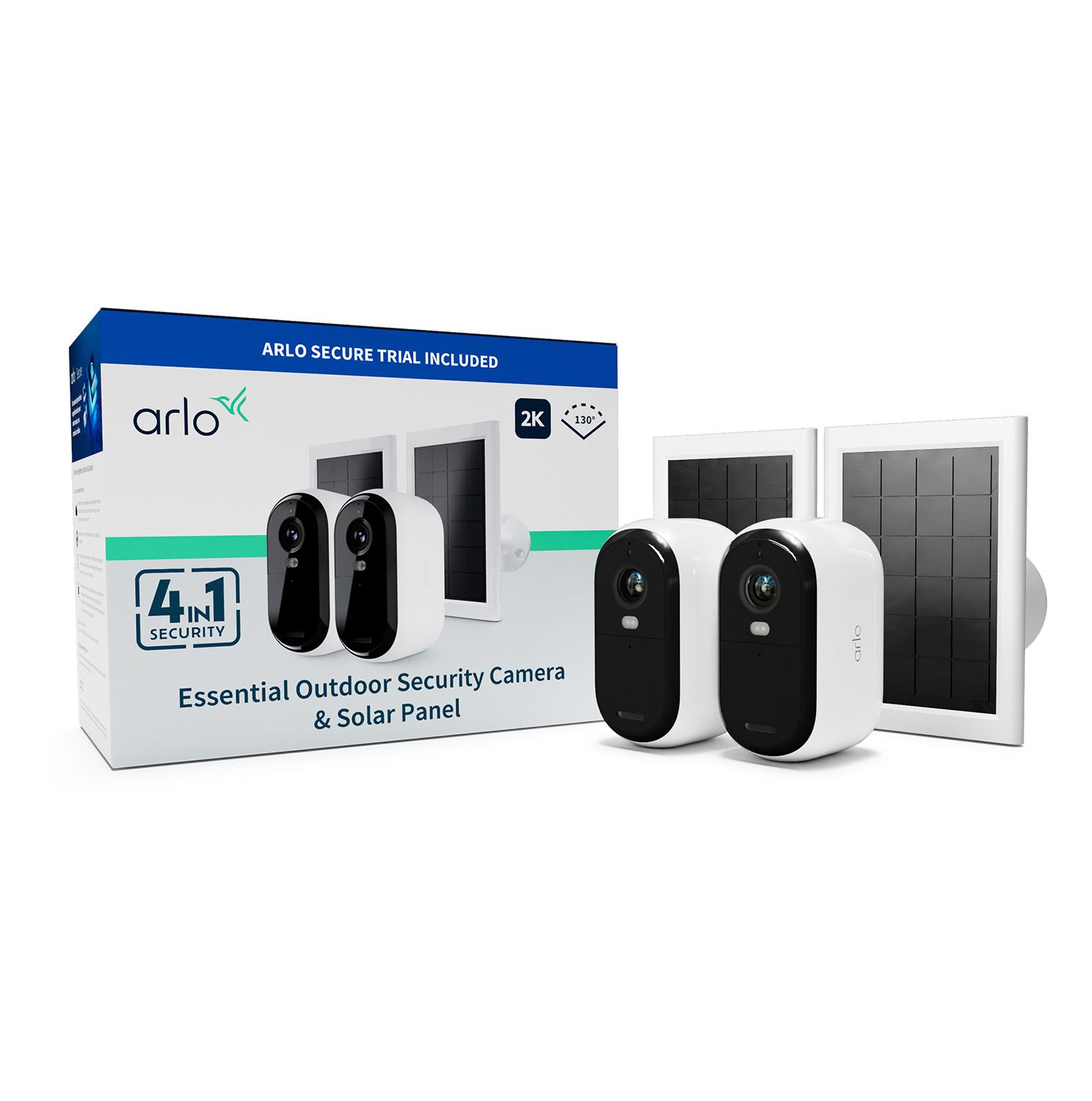 Arlo Essential 2 2K Outdoor Camera 2-Pack with Solar Panel - White