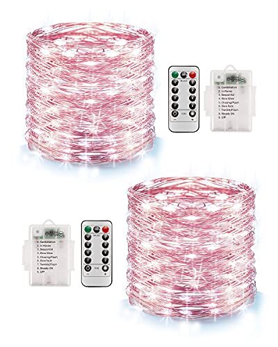 LEDYA Lichtsnoer voor buiten, 2 stuks 10 m, 100 leds, 8 modi, koperdraad, lichtketting batterij, waterdicht IP68 met afstandsbediening en timer, voor Kerstmis, feesten, tuin, bruiloften, decoratie, koudwit