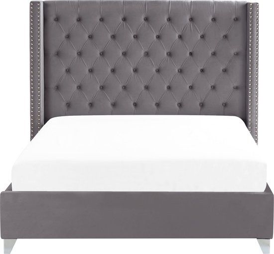 Beliani LUBBON - Tweepersoonsbed - Grijs - 160x200cm - Fluweel - Lattenbodem