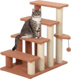 PawHut Katzentreppe 4-stufige Haustiertreppe mit Kratzsäulen Ball Hundetreppe Tiertreppe für Katzen bis 5 kg Plüsch Jute Braun 60 x 40 x 64 cm
