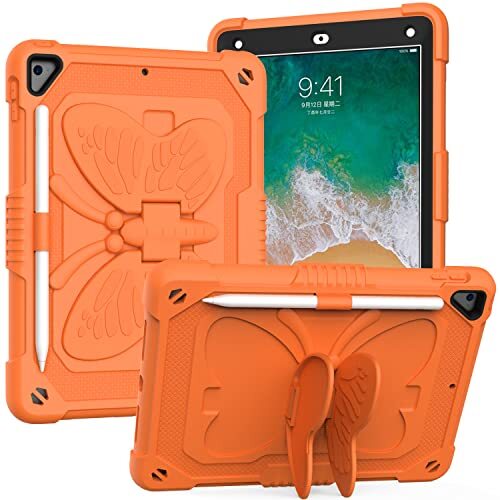 Spzhike Beschermhoes voor iPad 9,7 inch 5e / 6e Gen 2018/2017 met penhouder, robuust, schokbestendig, met schouderriem en vlinderhouder voor iPad 9,7 inch, oranje